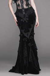 Black Rose Embossed Gothic Velvet Long Womens Half Fishtail Skirt